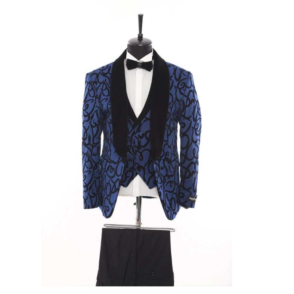 Derman Navy Patterned Glittery Fabric Tuxedo